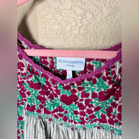 MI GOLONDRINA Flores Blouse - Grey Pinstripe Cotton Top w Red Green Embroidery - Picture 14 of 16